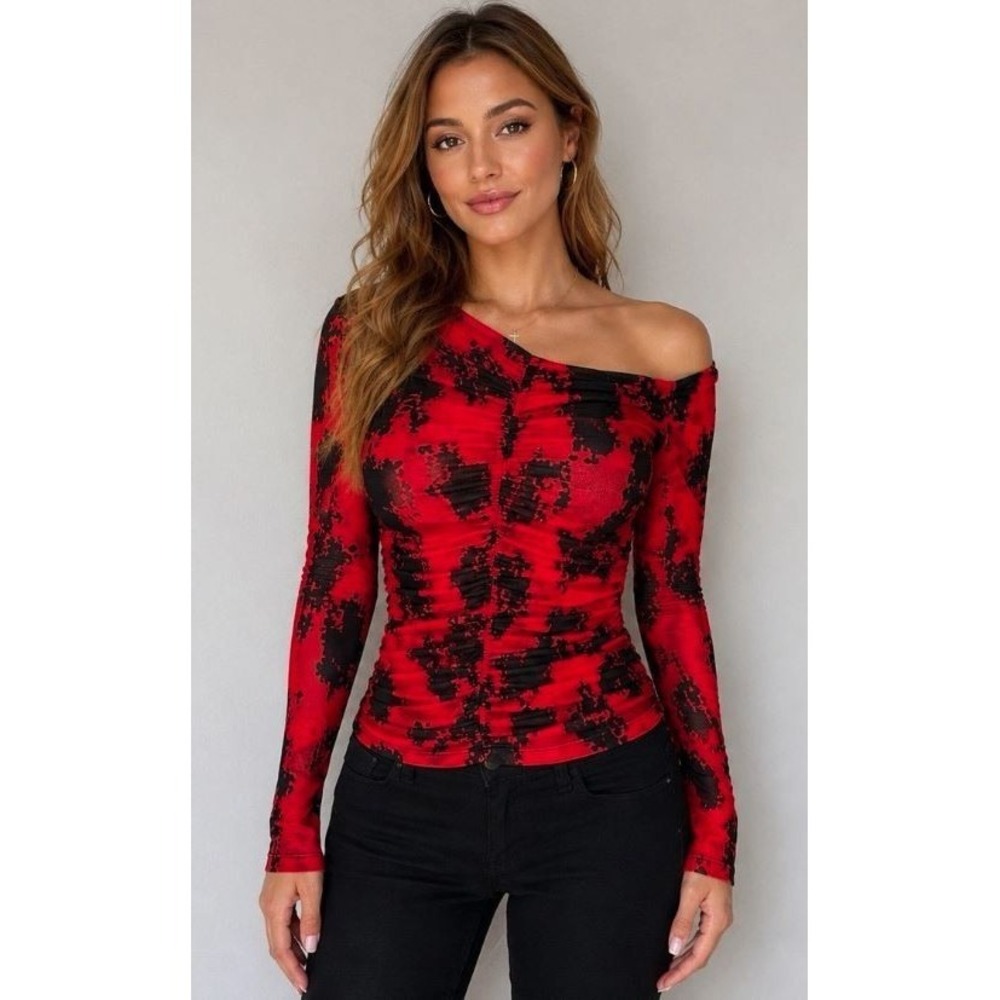Nordstrom by Cristina Martinez Women's Long Sleeve Ruched Sheer Blouse Red/Blk M